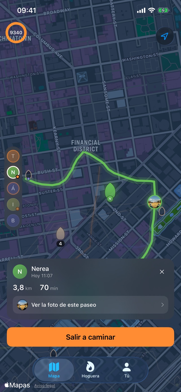 Un paseo abierto en el mapa de Lume: el recorrido de Nerea resaltado en verde, una foto suya colocada en el punto donde la hizo, y su ficha con 3,8 km y 70 minutos