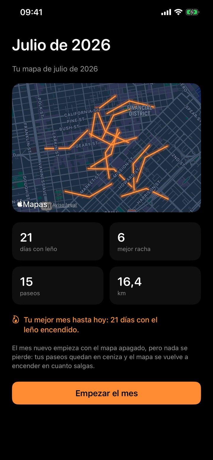 El resumen de temporada de Lume: los recorridos de todos los paseos de julio dibujados sobre el mapa, con 21 días de leño y 15 paseos