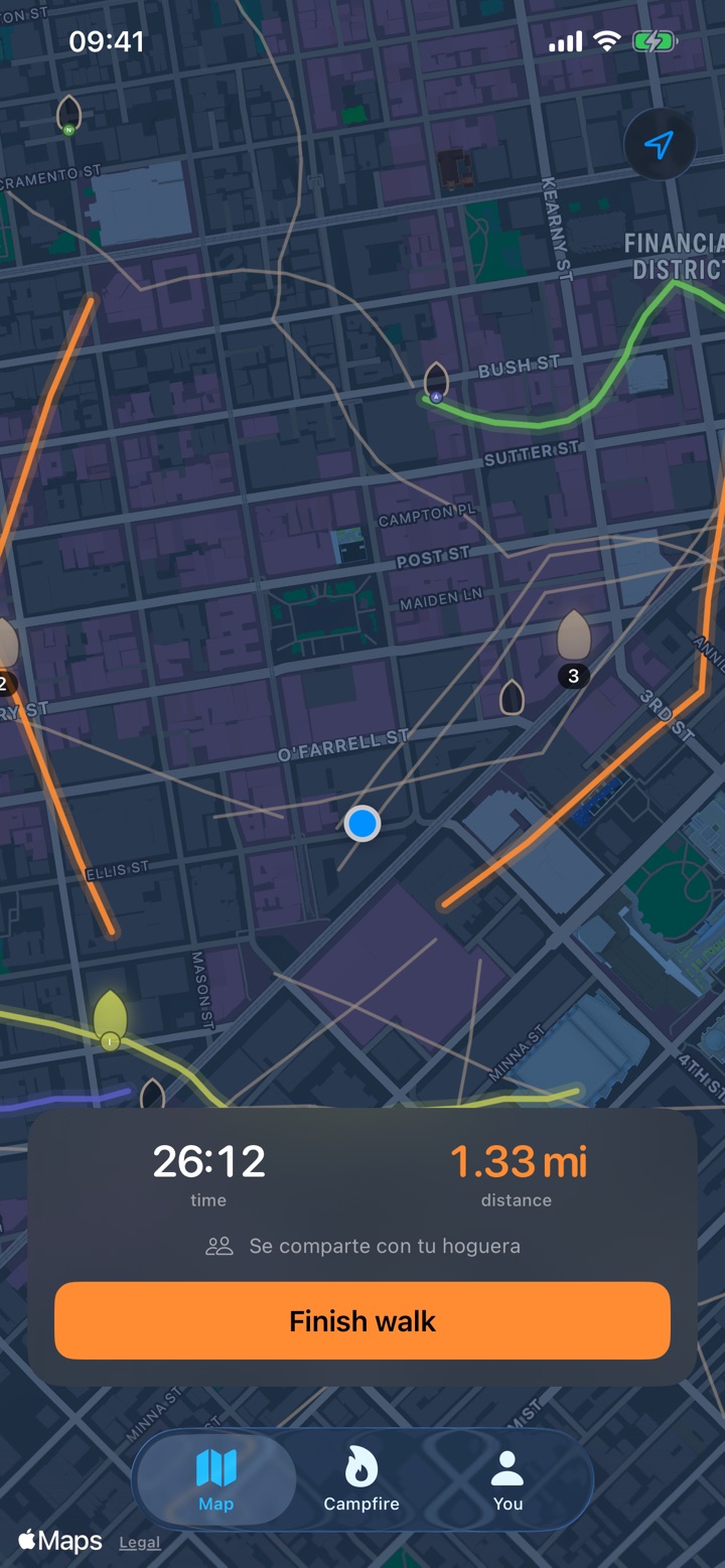 The Lume map during a walk: the live route in orange, earlier walks in grey, and a marker for each walk