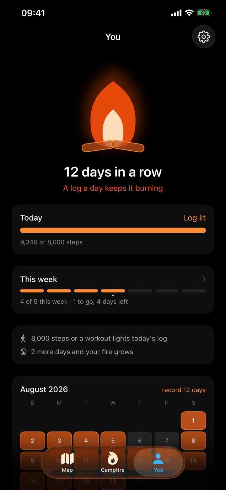 The streak screen in Lume: 12 days in a row and the calendar for the month