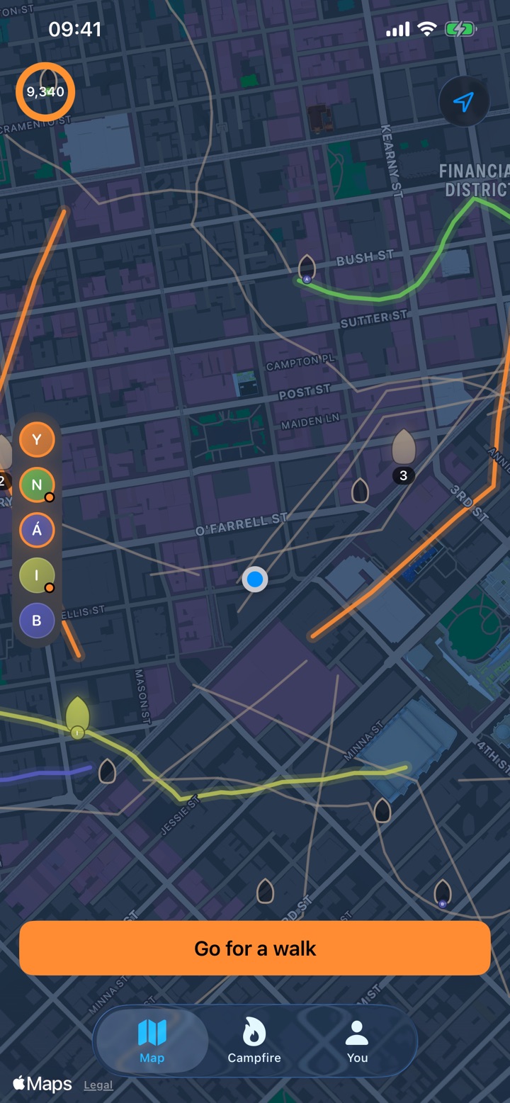 The Lume map with a campfire’s walks: each route in the colour of whoever walked it, and a column of faces down the side