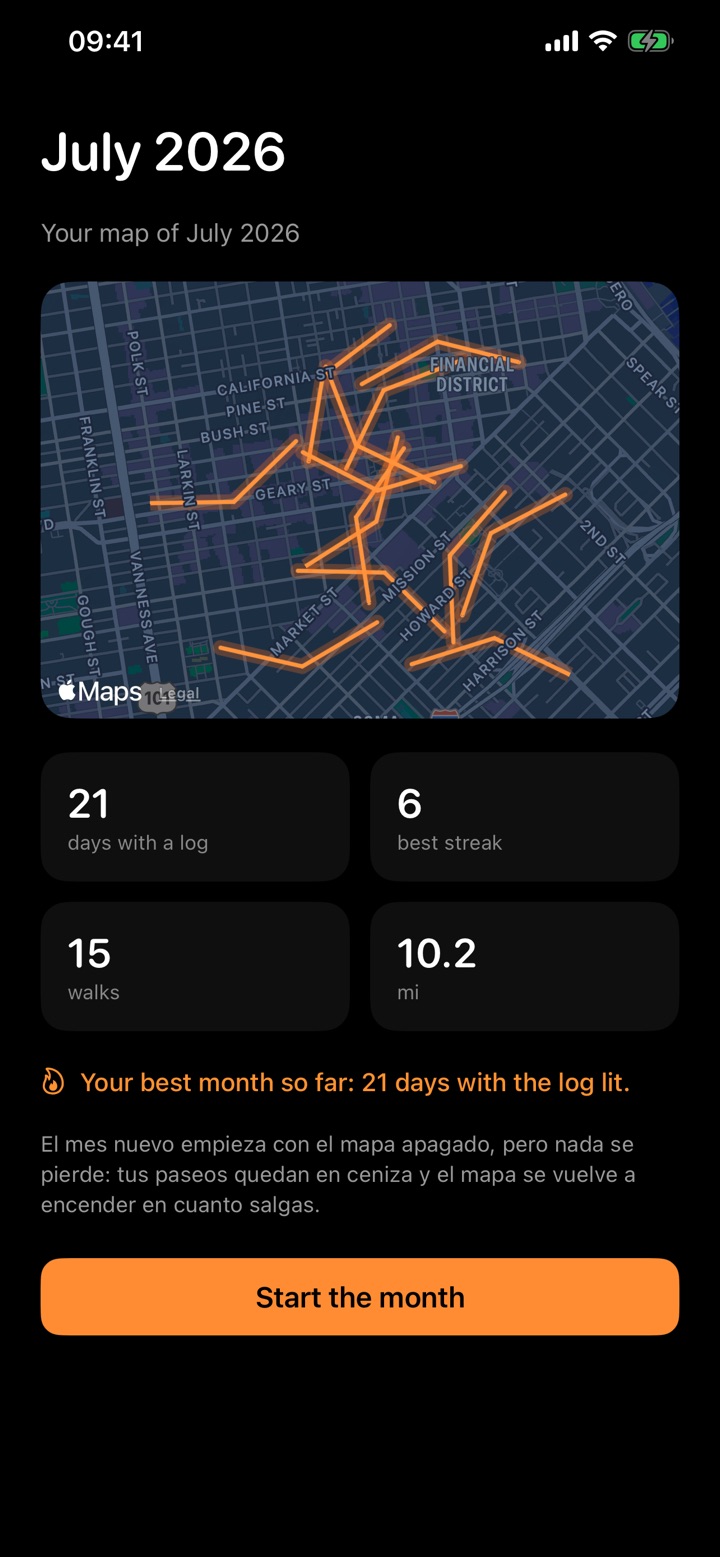 The season summary in Lume: every route walked in July drawn on the map, with 21 days of lit logs and 15 walks
