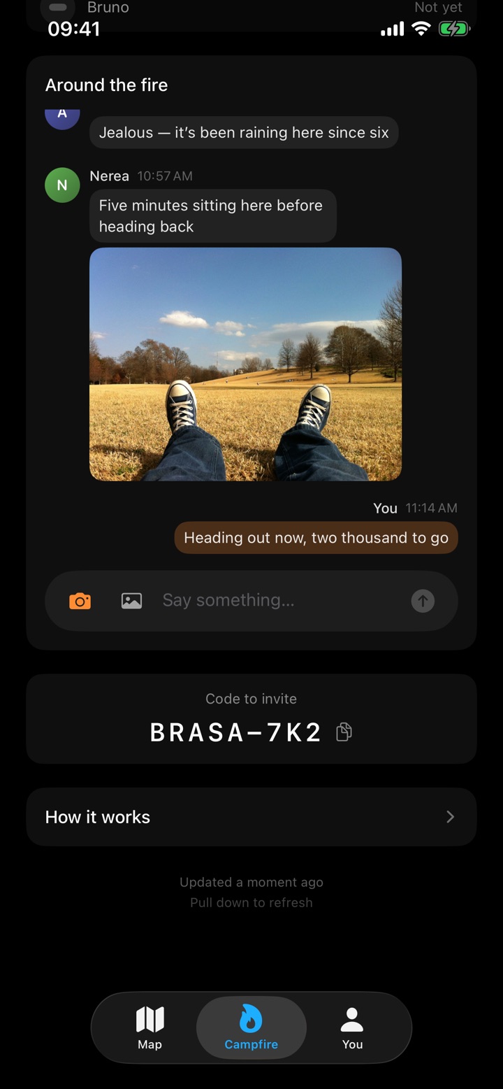 The conversation in a Lume campfire: your own message on the right, everyone else’s on the left, and a photo from a walk shared this afternoon